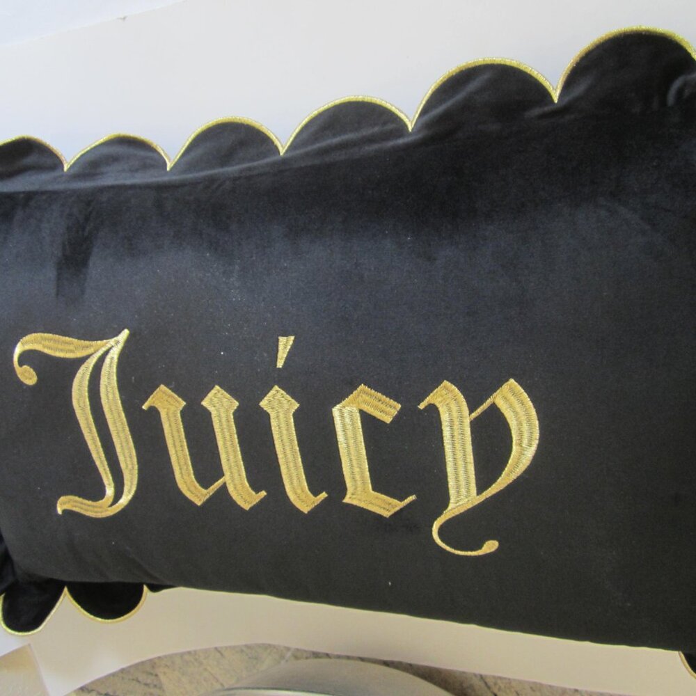 Juicy Couture Black Embrodried Gold Scalloped Trim Pillow Cushion Home - Picture 5 of 5